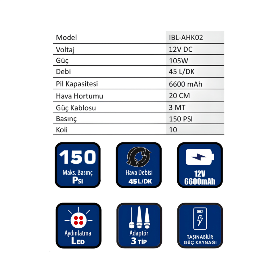 Akülü LED Işıklı Hava Kompresörü | IBELTECH IBL-AHK02
